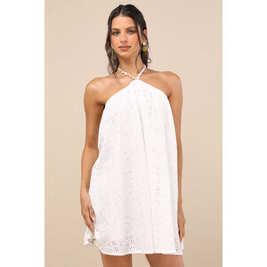 Lulus Mina White Eyelet Embroidered Shift Mini Dress - Size L